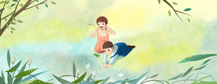Cricket catching, insect trapping, summer solstice, early summer, summer, summer, childhood, play, play, fun, fun, children, summer, summer vacation, spring, illustration, childhood, playmate, happine