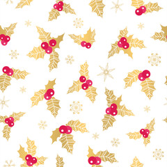 Beautiful Holly Berry seamless pattern, handdrawn creative leaves - christmas background, great for X-Mas themes, banners, wrapping paper, wallpaper, textiles - vector surface design