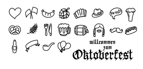 Vector hand drawn Oktoberfest icons for holiday poster, invitation, autumn Bavarian festival of beer banner, photo booth, German culture materials, accessories for festival and party, squeezebox