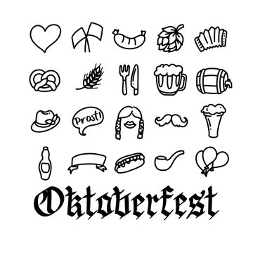 Vector hand drawn Oktoberfest icons for holiday poster, invitation, autumn Bavarian festival of beer banner, photo booth, German culture materials, accessories for festival and party, squeezebox