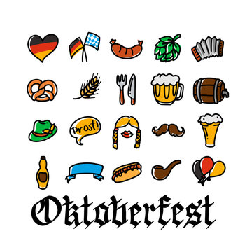 Vector hand drawn Oktoberfest icons for holiday poster, invitation, autumn Bavarian festival of beer banner, photo booth, German culture materials, accessories for festival and party, squeezebox
