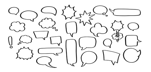 Vector set of hand drawn speech bubbles. Empty comic sticker without text of different shapes - square, circle or round, cloud, boom and bam, rectangle message. Blank doodle tag for price of dialogue