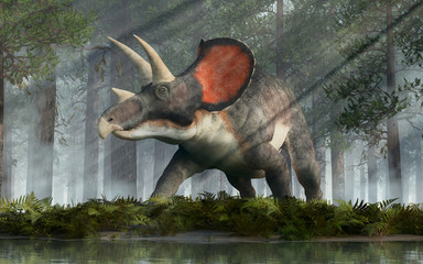 Triceratops was ceratopsian dinosaur that was a frilled and horned, four legged animal. It lived during the cretaceous period. In a dense forest. 3D Rendering - obrazy, fototapety, plakaty