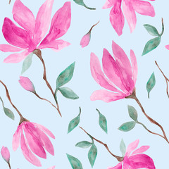 Fototapeta premium Pink magnolia flowers blossom watercolor painting - hand drawn seamless pattern on blue background