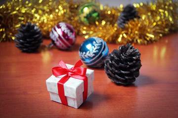 gift box with red bow on christmas decor ea new year holiday