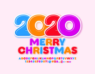Fototapeta na wymiar Vector trendy greeting card Merry Christmas 2020! COlorful glossy Font. Bright Alphabet Letters, Numbers and Symbols