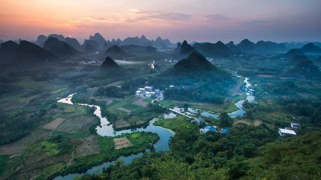 Sunset Landscape of Guilin Time-lapse , Li River and Karst mountains called Cuiping or Five Finger  mount located ,Guangxi Province, China, LD, Lockdown.