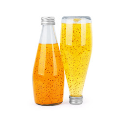 Chia juice in a glass bottle on a white background