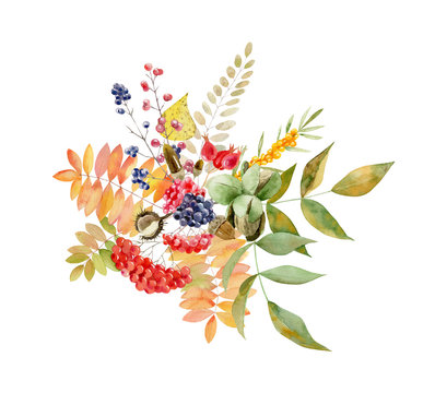 Watercolor handpainted fall arrangement of foliage and fruit