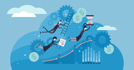 Work flow vector illustration. Flat tiny work organization persons concept.