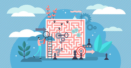Fototapeta premium Problem solving vector illustration. Tiny solution finding persons concept.