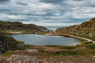 Summer landscape of the green polar tundra in the vicinity Teriberka
