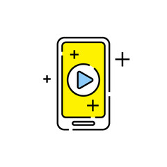 Mobile media line icon. Smartphone play symbol. Device multimedia player sign. Phone streaming graphic. Vector illustration.