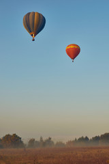 Two balloons soaring into the sky.