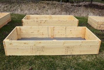 Newly built wooden raised garden beds. 
