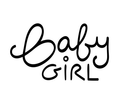 Baby girl, cool black curvy linear handwritten lettering print for cards, posters, banners, t-shirts isolated on white background. Feminine calligraphy design. It's a girl, baby shower typography.