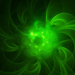 Glowing ligh green curved energy lines over dark Abstract Background space universe. Illustration