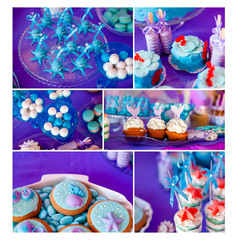 Sea and summer time theme for party or birthday. Collage of five pictures of sweets, cupcakes, pop cakes