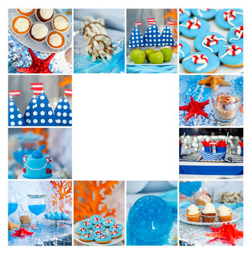 Blue summer time theme for party or birthday. Collage of five pictures of sweets, cupcakes, pop cakes