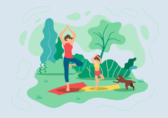 Flyer Mother and Daughter do Yoga in Nature Flat.