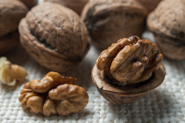 Walnuts on the burlap texture