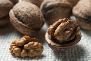 Walnuts on the burlap texture
