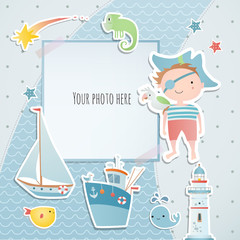 Holiday card design with pirate and boat. Baby shower. Paper, scrapbook.