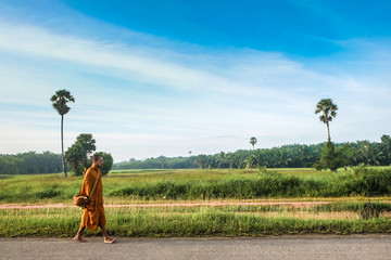 Buddha monk walking to collect alms and offerings while Dhutanga in morning