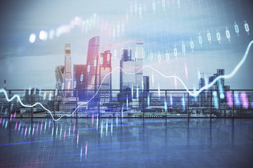 Forex graph hologram with city view from roof background. Double exposure. Stock market concept.