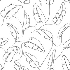 Tropical leaves seamless pattern. Hand drawn outline banana leaf background. Modern line art, aesthetic contour. Vector illustration, black and white design     - 287960367