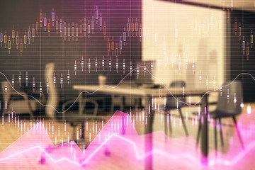 Business theme graph hologram with minimalistic cabinet interior background. Double exposure. Stock market concept.