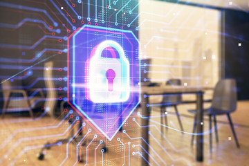 lock sign hologram with minimalistic cabinet interior background. Double exposure. Data security concept.