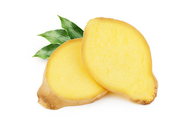 Sliced ginger with leaves isolated on white background