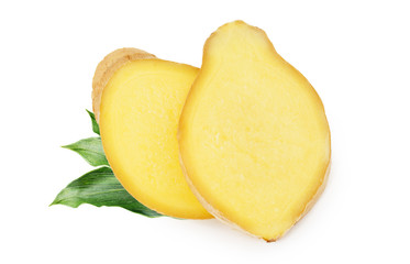 Sliced ginger with leaves isolated on white background