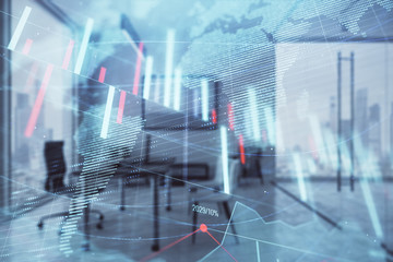 Forex chart hologram with map and minimalistic cabinet interior background. Double exposure....