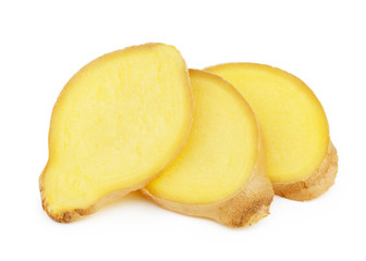 Sliced ginger isolated on white background