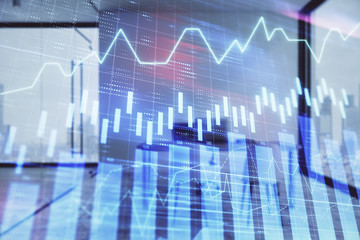 Forex chart hologram with minimalistic cabinet interior background. Double exposure. Stock market concept.