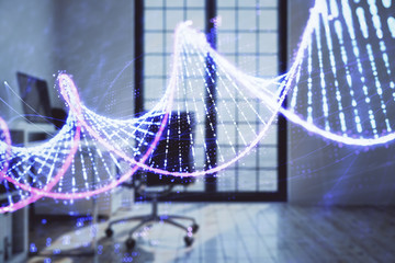 DNA hologram with minimalistic cabinet interior background. Double exposure. Education concept.