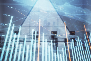 Double exposure of forex chart on conference room background. Concept of stock market analysis