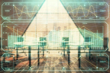 Double exposure of forex chart on conference room background. Concept of stock market analysis