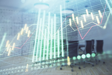 Multi exposure of stock market graph on conference room background. Concept of financial analysis