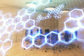 Double exposure of technlogy theme abstract hologram on conference room background. Concept of hightech