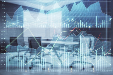 Multi exposure of stock market graph on conference room background. Concept of financial analysis