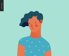 Bright people portrait - hand drawn flat style vector design concept illustration of young feminine brunette man, face and shoulders avatar. Flat style vector icon