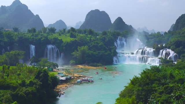 Bangioc waterfall in Vietnam and Detian waterfall in China bird eye view, located near border, people can see this waterfall both of country, Lockdown. .