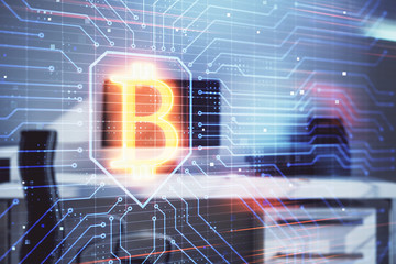 Blockchain theme hologram with desktop office background. Double exposure. Crypto business concept.