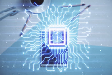 Double exposure of human brain drawing on digital tablet, table background. Concept of data analysis
