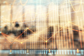 Stock and bond market graph with trading desk bank office interior on background. Multi exposure. Concept of financial analysis