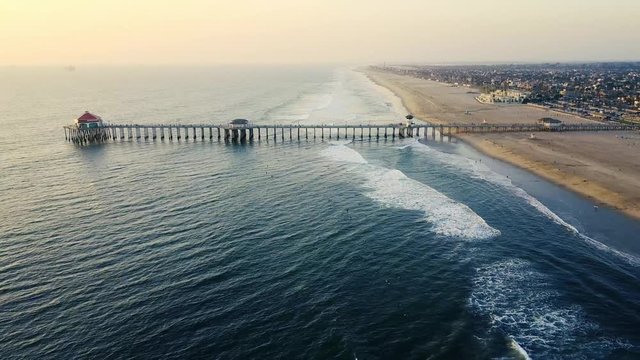 Huntington Beach, California sunset coast landscape drone views