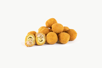 Olive all'ascolana typical Marche specialties. Breaded olives stuffed with meat and fried on a white background. Image